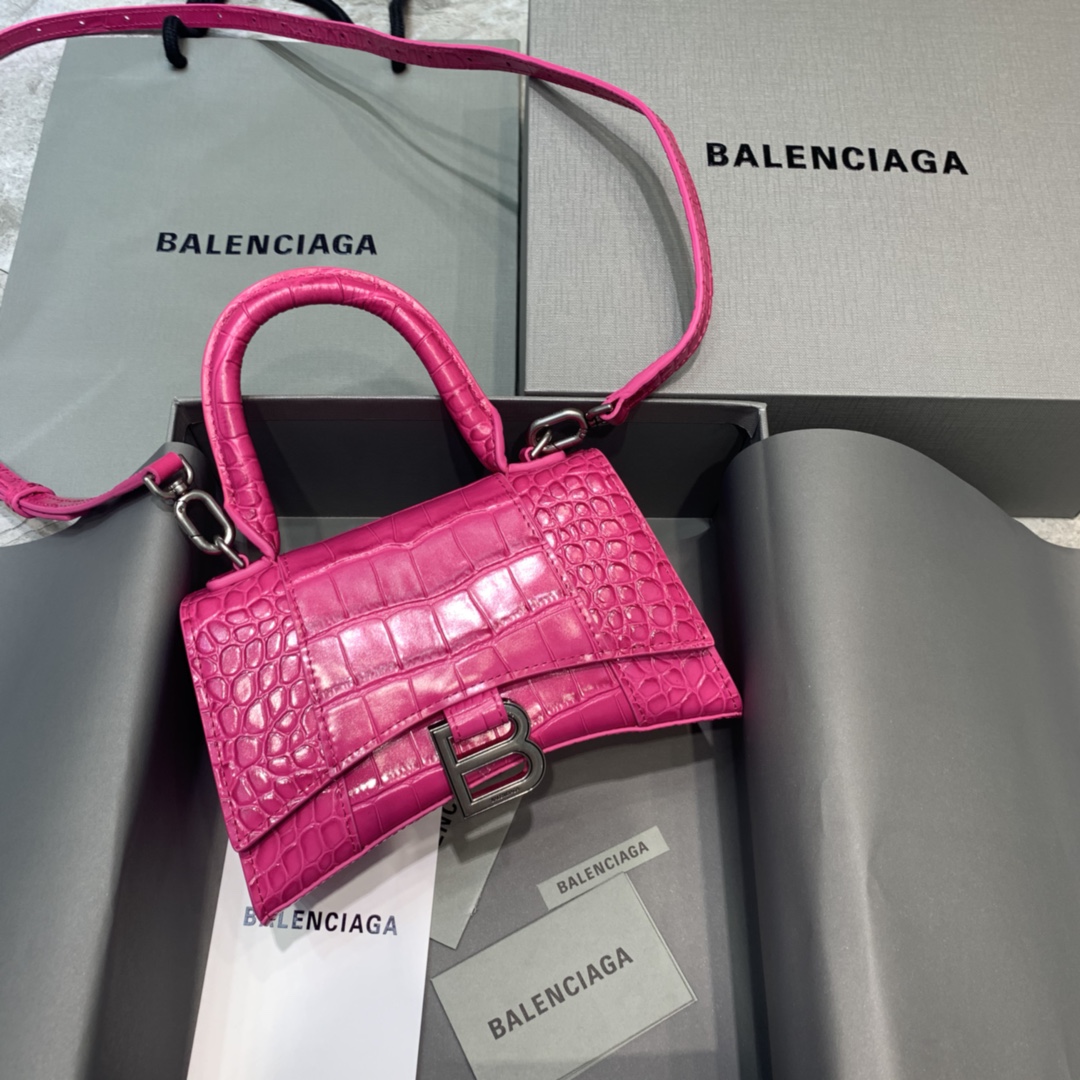 Balenciaga Hourglass XS Handbag Crocodile Embossed Shoulder Bag Rose Red